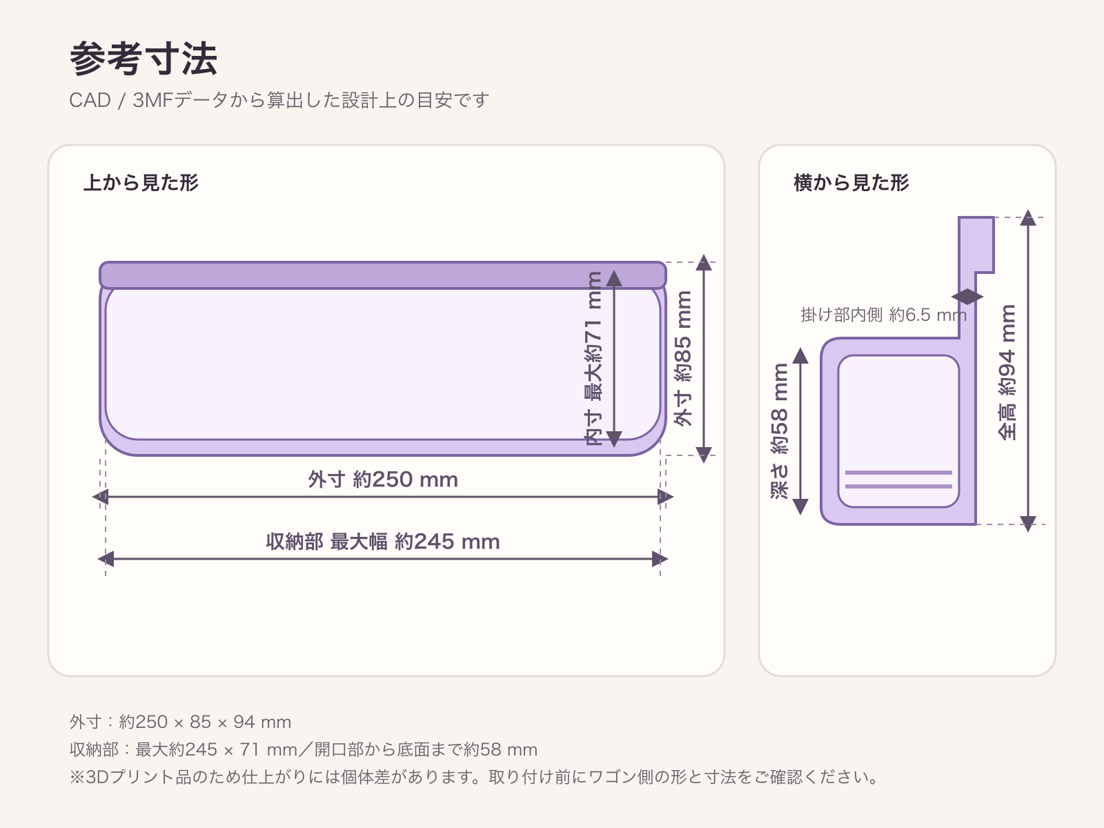 参考サイズが分かるワゴン横 ボトルポケットの参考サイズ図
